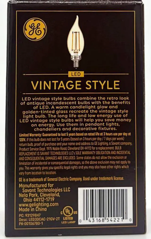 Alt view image 2 of 3 - (8 bulbs) GE Lighting Vintage LED Chandelier Light, Cendlabra base, 3 watt, 150 lumen, Dimmable, warm candle light glow, amber glass