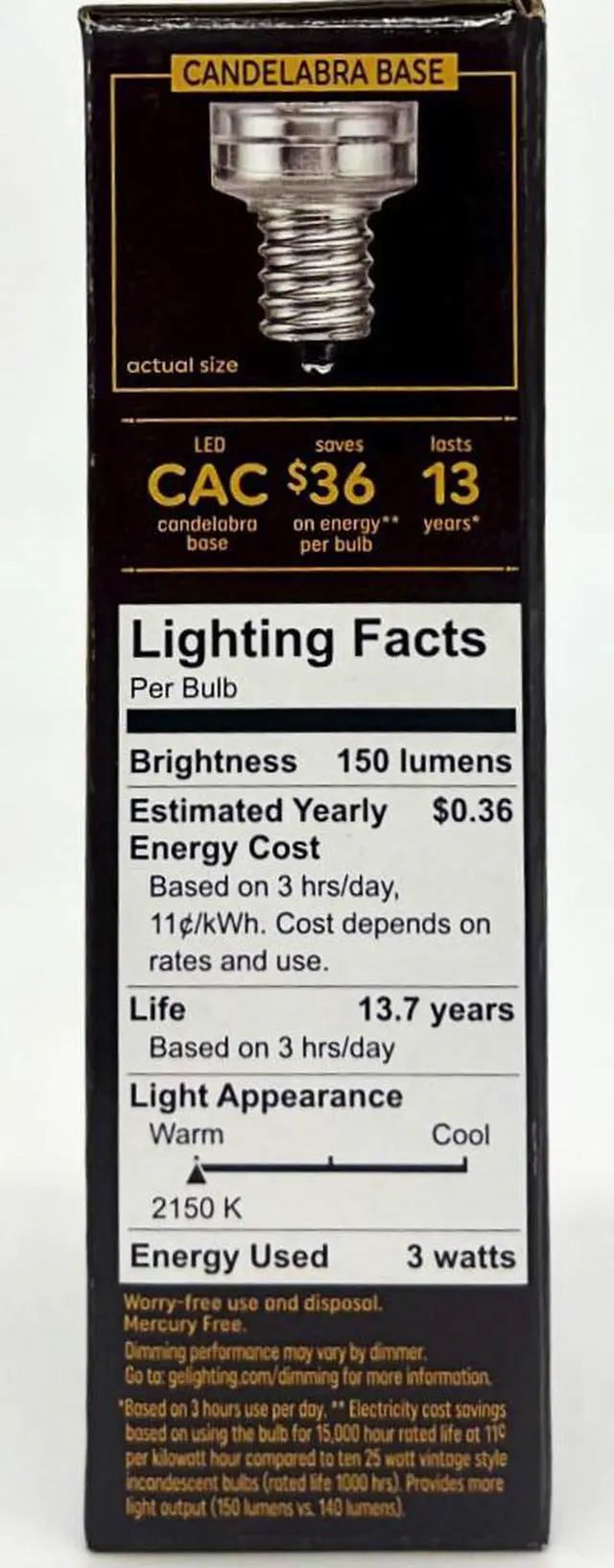 Alt view image 3 of 3 - (8 bulbs) GE Lighting Vintage LED Chandelier Light, Cendlabra base, 3 watt, 150 lumen, Dimmable, warm candle light glow, amber glass
