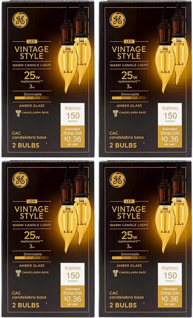 Main image of (8 bulbs) GE Lighting Vintage LED Chandelier Light, Cendlabra base, 3 watt, 150 lumen, Dimmable, warm candle light glow, amber glass