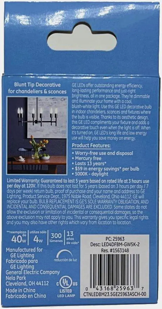 Alt view image 2 of 4 - (2 bulbs) Ge 25963 Decorative LED Chandelier bulb, 4 watt, 300 lumen, Daylight, Dimmable, frosted finish, medium base