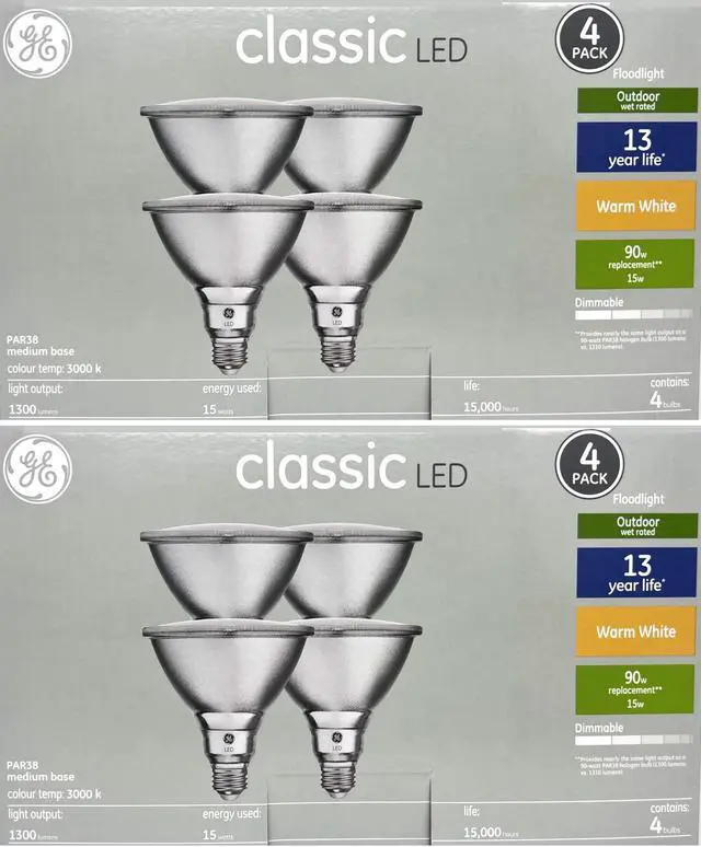 Main image of (8 bulbs) GE classic LED PAR38 Floodlight, 15 watt, 1300 lumen, 3000K warm white, outdoor wet rated, dimmable, medium base