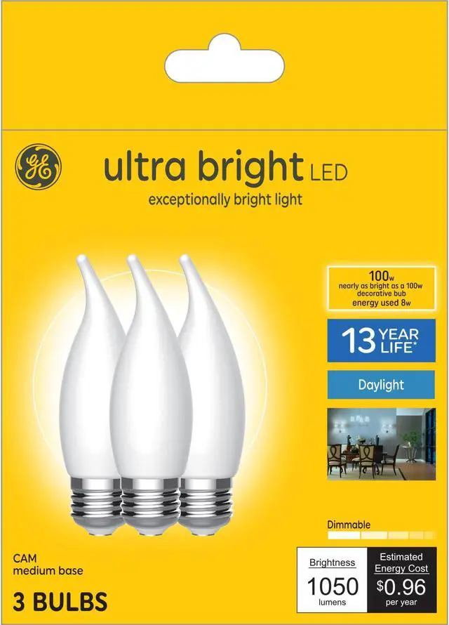 Main image of (3 Bulbs) GE Ultra Bright LED Light Bulbs, 100W, Daylight Candle Lights, Frosted Decorative CA12 Light Bulbs, Medium Base