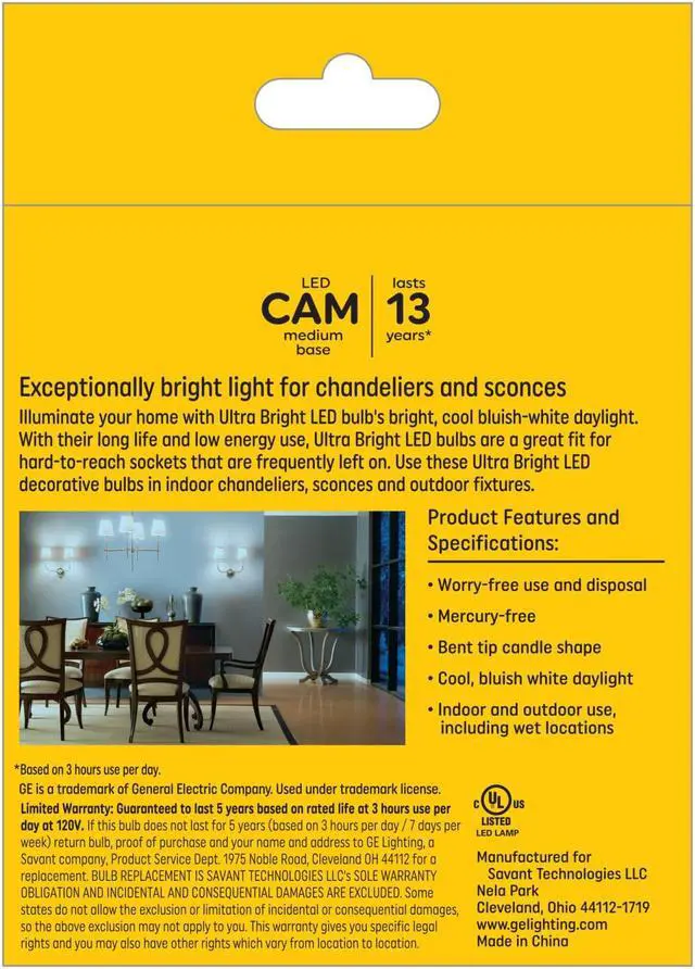 Alt view image 4 of 7 - (3 Bulbs) GE Ultra Bright LED Light Bulbs, 100W, Daylight Candle Lights, Frosted Decorative CA12 Light Bulbs, Medium Base