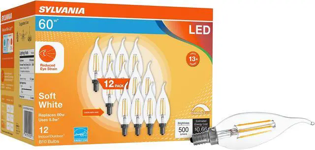 Main image of LEDVANCE Sylvania Reduced Eye Strain B10 LED Light Bulb, 60W = 5.5W, Candelabra Base, 13 Year, Dimmable, Clear, 2700K, Soft White - 12 Pack (41225)