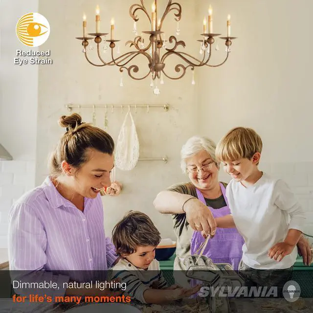 Alt view image 4 of 7 - LEDVANCE Sylvania Reduced Eye Strain B10 LED Light Bulb, 60W = 5.5W, Candelabra Base, 13 Year, Dimmable, Clear, 2700K, Soft White - 12 Pack (41225)