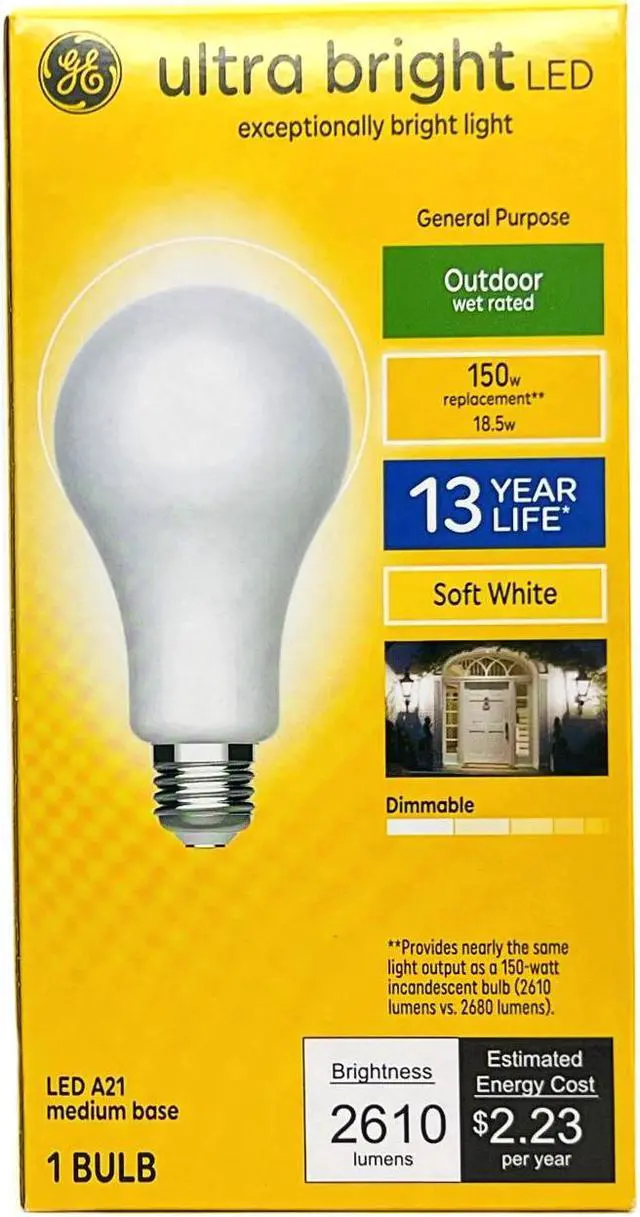 Main image of GE ultra bright LED A21, 18.5 Watts, 2610 lumens, Dimmable, Soft White 2700K, Outdoor Wet-rated LED UltraBright Light Bulb