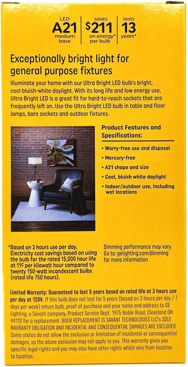 Alt view image 4 of 4 - (quantity of 3) GE ultra bright LED A21 Light Bulb, 22 watts, 2610 lumens, Dimmable, Daylight 5000K, Indoor and Outdoor, medium base (150 watt equivalent) UltraBright LED Bulb