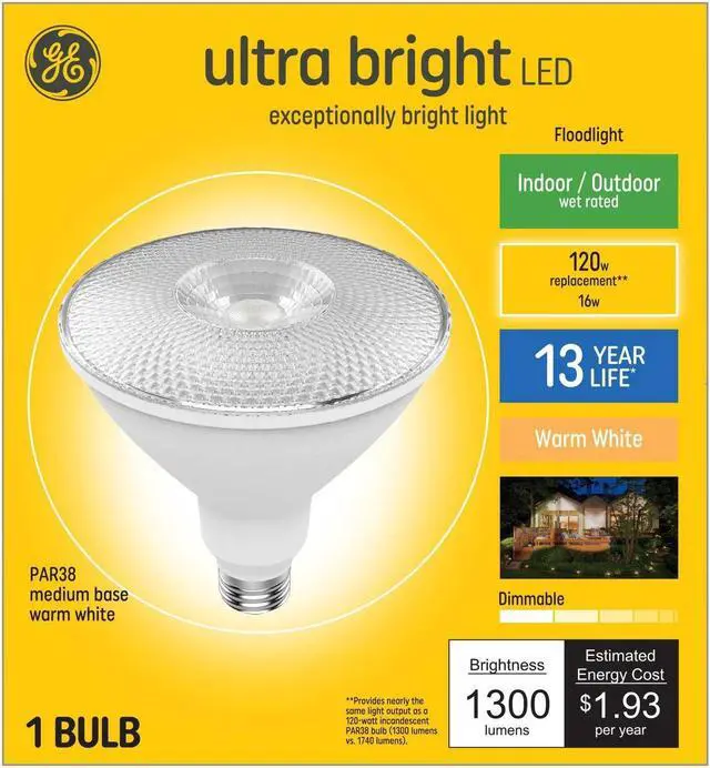 Main image of GE ultra bright LED PAR38, 16 watts, 1300 lumens, Dimmable, Indoor and Outdoor rated, Warm White 3000K, Medium base, UltraBright LED Light Bulb