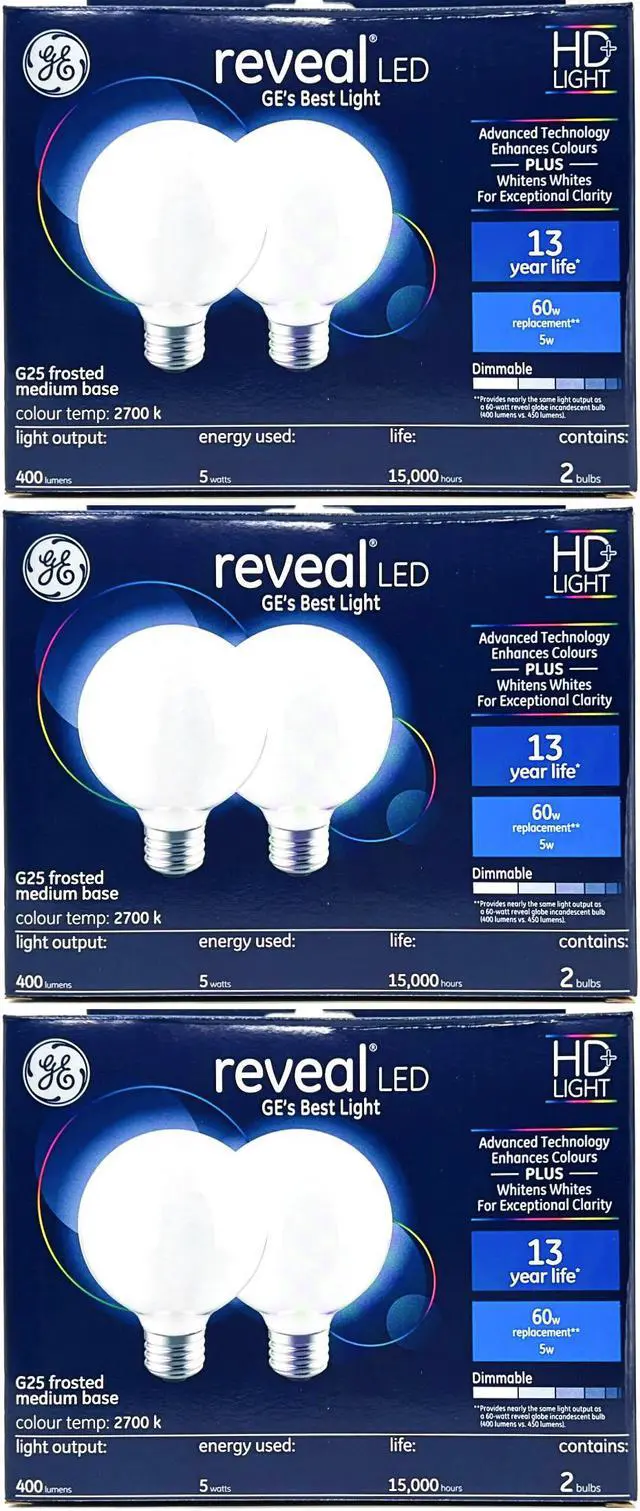 Main image of (6 bulbs) GE reveal LED HD+ Color-Enhancing G25 Globe, 5 watt, 400 lumen, Dimmable LED Decorative Globe Medium Base Frosted  G25 Bulb, 60 watt replacement