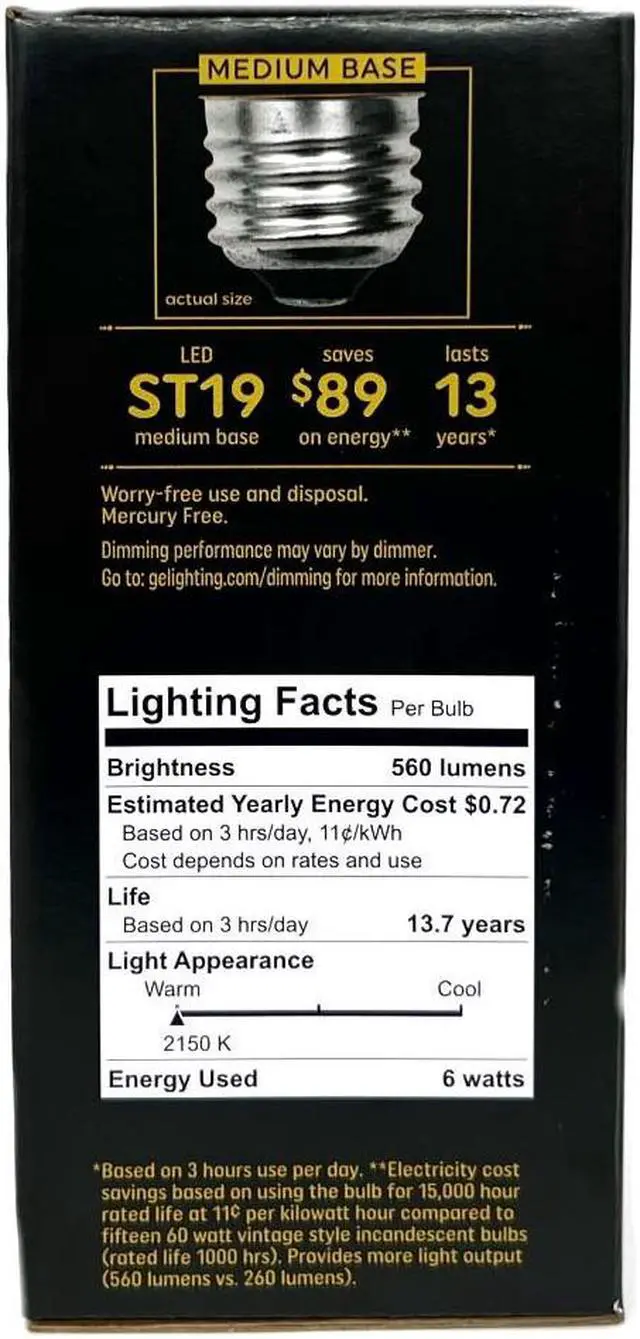 Alt view image 2 of 2 - (1 bulb) GE Vintage LED ST19, Amber Glass, 6 watts, 560 lumens, Dimmable, Medium base, Vintage Style LED Light Bulb