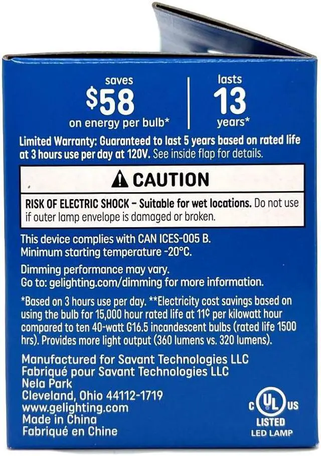 Alt view image 2 of 2 - (2 bulbs) GE refresh LED G16.5, Candelabra Base, 4.5 watt, 360 lumen, Dimmable, Daylight, Clear, HD Light Enhanced Color, LED Light Bulb