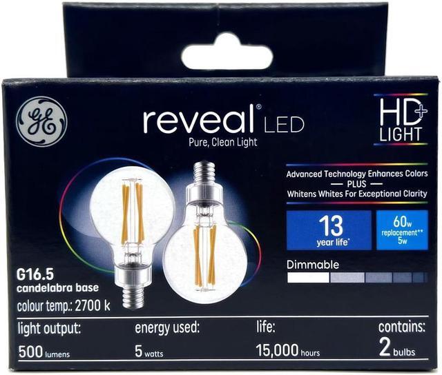 Main image of (2 bulbs) GE reveal LED G16.5, candelabra base, 5 watt, 500 lumen, 60 watt equivalent, Dimmable, HD Light pure clean light, LED reveal Light Bulb
