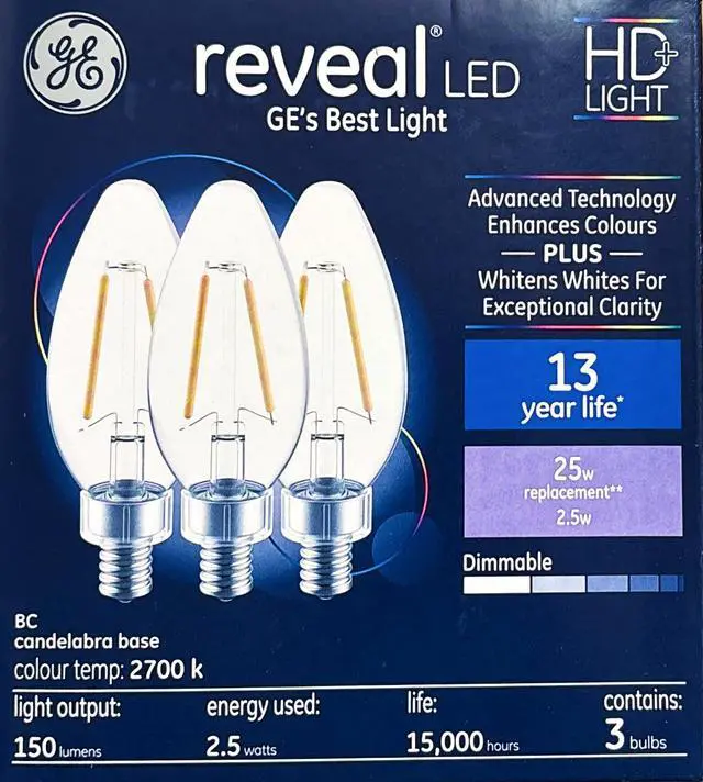 Main image of (3 bulbs) GE reveal LED Decorative Chandelier Bulb, 2.5 watt, 150 lumen, candelabra base, Dimmable, soft white 2700K, HD Light for exceptional clarity