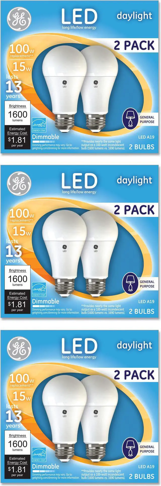 Main image of (6 bulbs) GE LED A19, 15 watt, 1600 lumens, Dimmable, Daylight 5000K, Medium Base,
