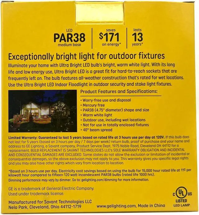 Alt view image 6 of 6 - (case of 3) GE ultra bright LED PAR38, 16 watts, 1300 lumens, Dimmable, Indoor and Outdoor rated, Warm White 3000K, Medium base, UltraBright LED Light Bulb
