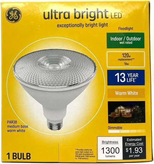 Alt view image 4 of 6 - (case of 3) GE ultra bright LED PAR38, 16 watts, 1300 lumens, Dimmable, Indoor and Outdoor rated, Warm White 3000K, Medium base, UltraBright LED Light Bulb