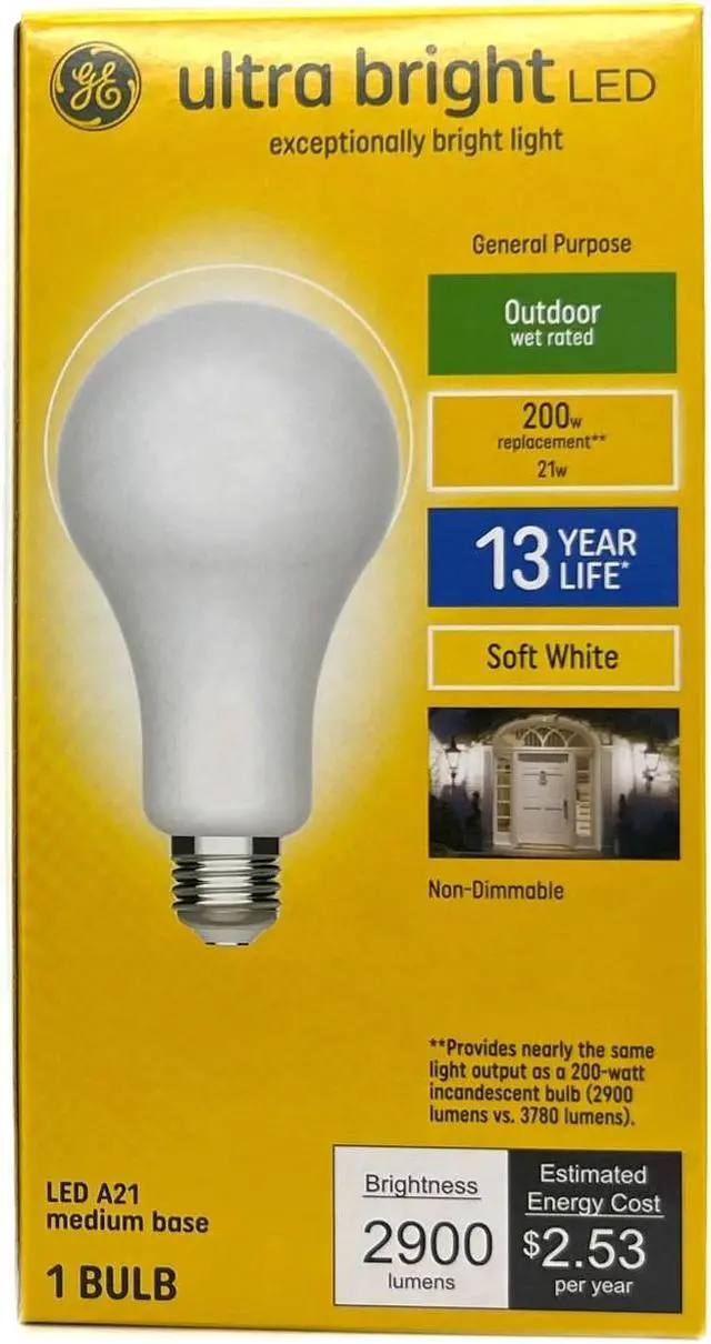 Main image of GE ultra bright LED A21, 21 watt, 2900 lumens, Soft White, Outdoor, Non-Dimmable LED ultrabright Light bulb