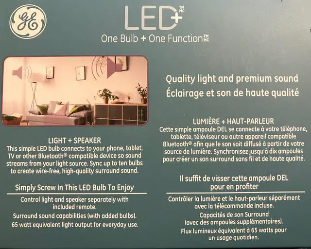 Alt view image 3 of 3 - (case of 3) GE Lighting LED+ Speaker Indoor Floodlight Bulb, Soft White, Bluetooth Speaker, No App or Wi-Fi Required, Remote Included, BR30 Indoor Floodlight Bulb (1 Pack)