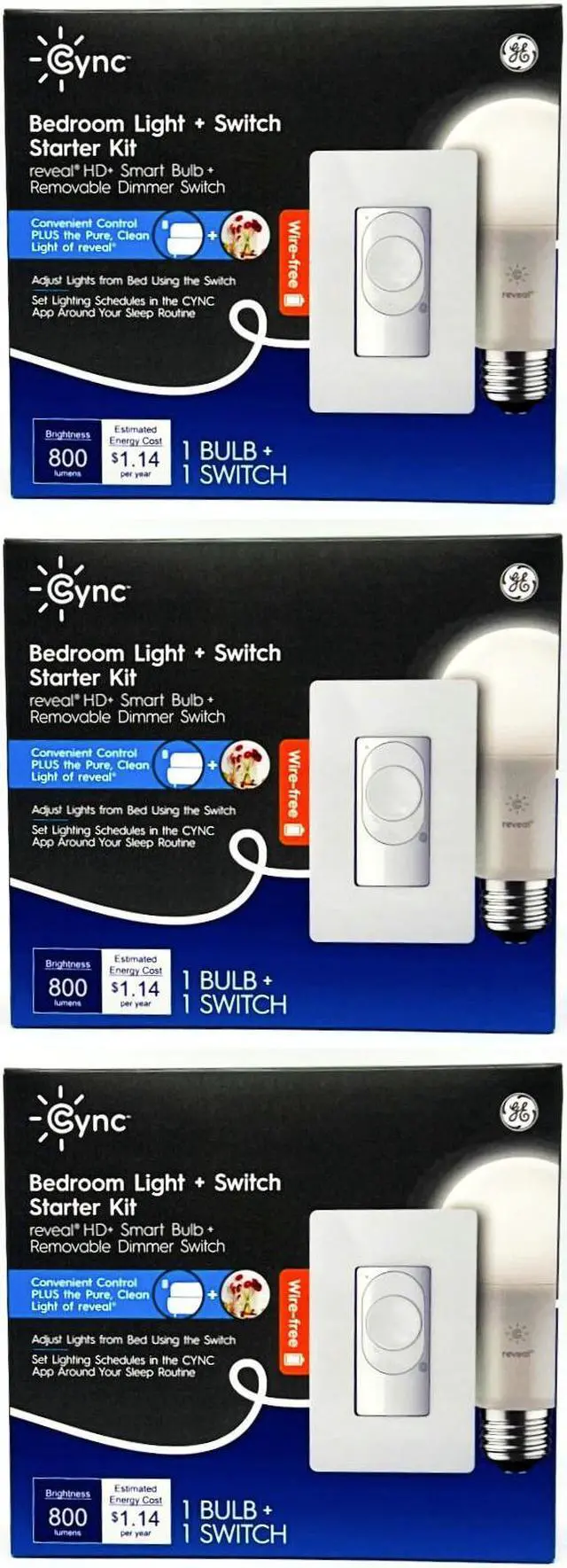 Main image of (case of 3 kits) GE Cync Bedroom Light and Smart Switch Kit, 1 Reveal HD Smart Bulb and one Removable Dimmer Switch (requires no wiring) per kit, wire-free smart bulb control, for google & alexa