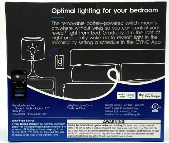 Alt view image 2 of 4 - (case of 3 kits) GE Cync Bedroom Light and Smart Switch Kit, 1 Reveal HD Smart Bulb and one Removable Dimmer Switch (requires no wiring) per kit, wire-free smart bulb control, for google & alexa