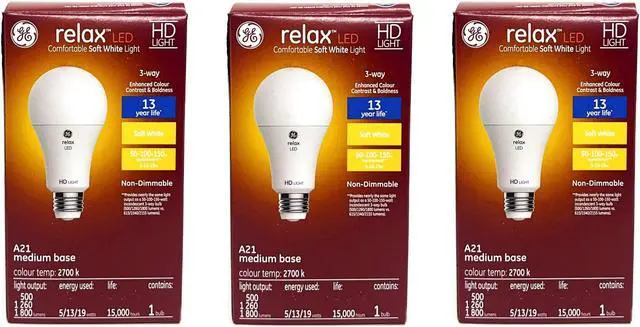 Main image of (case of 3) GE relax LED A21 3-way Light Bulb, 5, 13 or 19 watts, soft white HD Light, 500, 1260 and 1800 lumens, medium base, equivalent to 50-100-150w