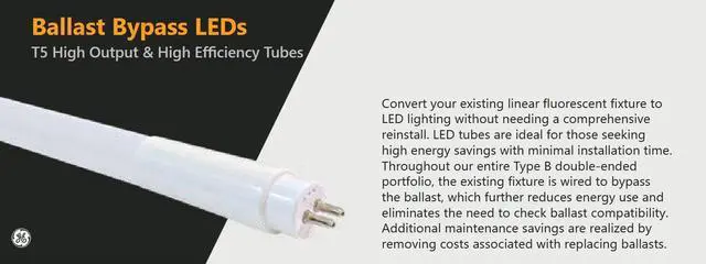 Alt view image 5 of 5 - (case of 20) GE Lighting LED Tube, 46 inch T5, Double Ended Power, Type B Ballast Bypass, 25 watts, 3500 lumens, 4000K Cool White, High Output & High Efficiency