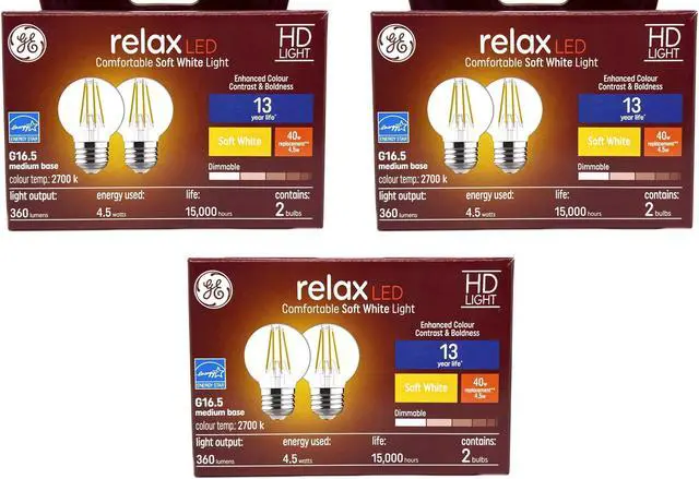 Main image of (6 bulbs) GE relax LED G16.5 Light Bulb, 4.5 watts, 360 lumens, Dimmable, Soft White 2700K, Medium Base, 40 watt equivalent, LED Globe G16.5