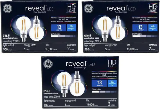 Main image of (6 bulbs) GE reveal LED G16.5, candelabra base, 5 watt, 500 lumen, 60 watt equivalent, Dimmable, HD Light pure clean light, LED reveal Light Bulb