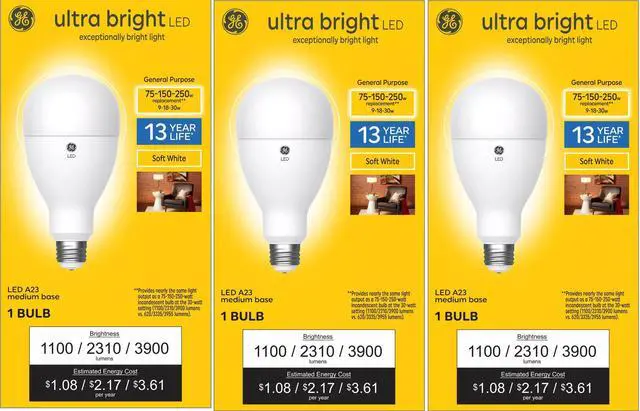 Main image of (case of 3 bulbs) Plump GE ultra bright LED 3-way light bulb, 75/150/250 watt replacement, Soft White, 1100/2310/3900 lumens, exceptionally bright LED A23, frost finish, irregular size
