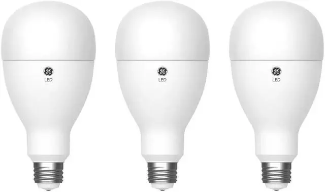 Alt view image 3 of 5 - (case of 3 bulbs) Plump GE ultra bright LED 3-way light bulb, 75/150/250 watt replacement, Soft White, 1100/2310/3900 lumens, exceptionally bright LED A23, frost finish, irregular size