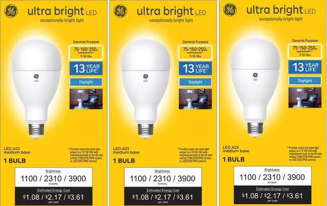 Main image of (case of 3) Plump GE ultra bright LED 3-way light bulb, 75/150/250 watt equivalent, Daylight, 1100/2310/3900 lumens, exceptionally bright LED, frost finish. Note- Bulb is large, portly A23