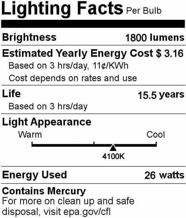 Alt view image 4 of 4 - (6 bulbs) GE Cool White 26 watt Plug-in CFL GX24q-3 Base, 5.2 inch F26TX, 4100K Cool White, 1800 lumen, Compact Fluorescent Light Bulb