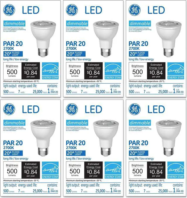 Main image of (case of 6) GE Lighting LED Lamp, 7 watt, 120 volt, PAR20, Medium Base, 500 lumens, Dimmable, 80 CRI, 2700 K