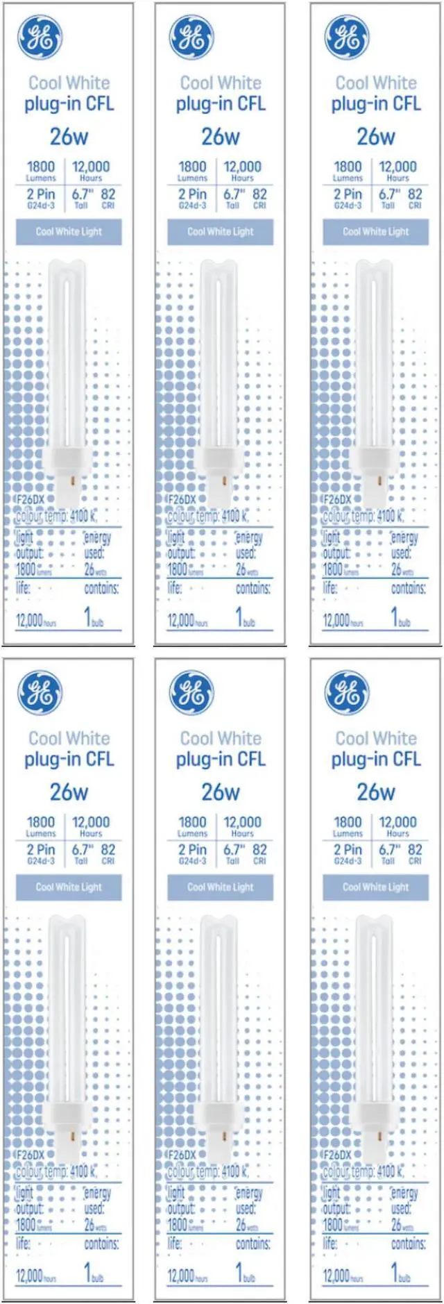 Main image of (6 bulbs) GE Bright Cool White 26 watt Plug-in CFL G24d-3 base, 6.7 inch, F26DX, 4100K Cool White Compact Fluorescent CFL Light Bulb