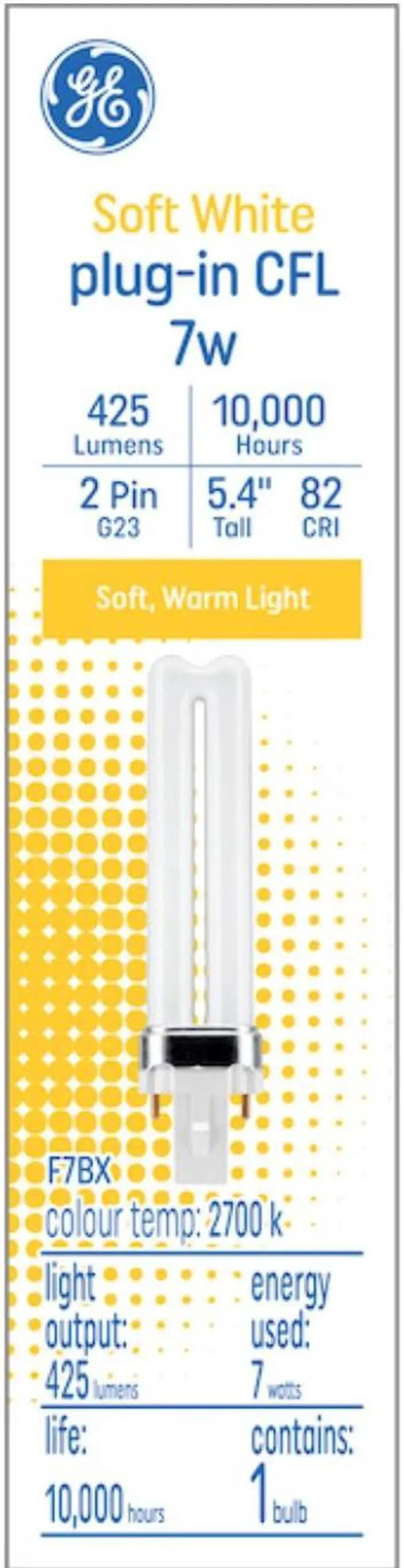 Main image of GE Soft White 7 watt Plug-in CFL G23 Base, 5.4-inch F7BX Light Bulb, 2700K Soft warm white, 425 lumen, plug-in biax compact fluorescent