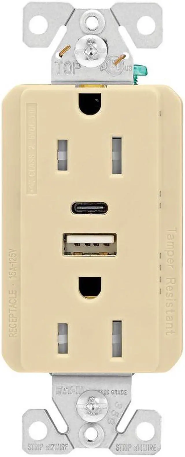 Main image of Eaton Receptacle Plug with 5 amp USB Charging, USB Type A and Type C, without adapters, 15A, 125V 5-15R Receptacle, Ivory, TRUSBAC15V
