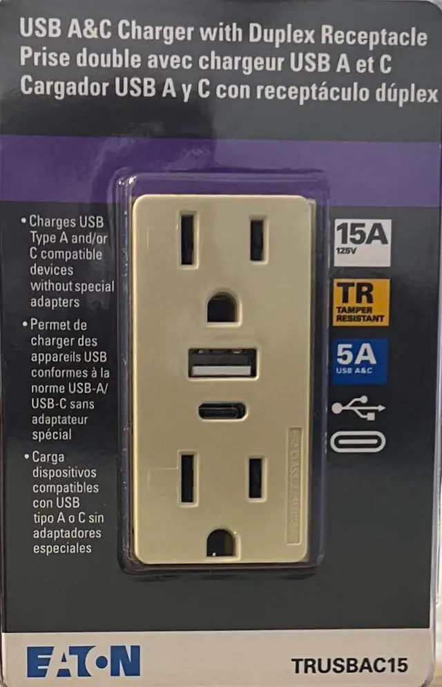 Alt view image 2 of 3 - Eaton Receptacle Plug with 5 amp USB Charging, USB Type A and Type C, without adapters, 15A, 125V 5-15R Receptacle, Ivory, TRUSBAC15V