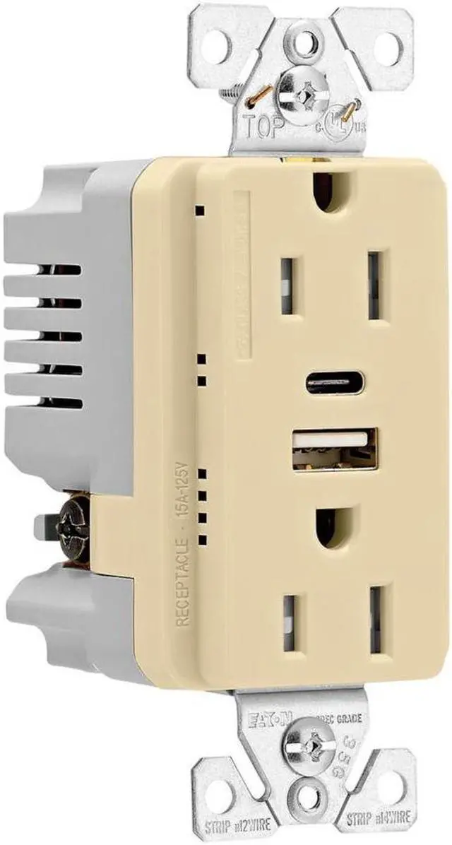 Alt view image 3 of 3 - Eaton Receptacle Plug with 5 amp USB Charging, USB Type A and Type C, without adapters, 15A, 125V 5-15R Receptacle, Ivory, TRUSBAC15V