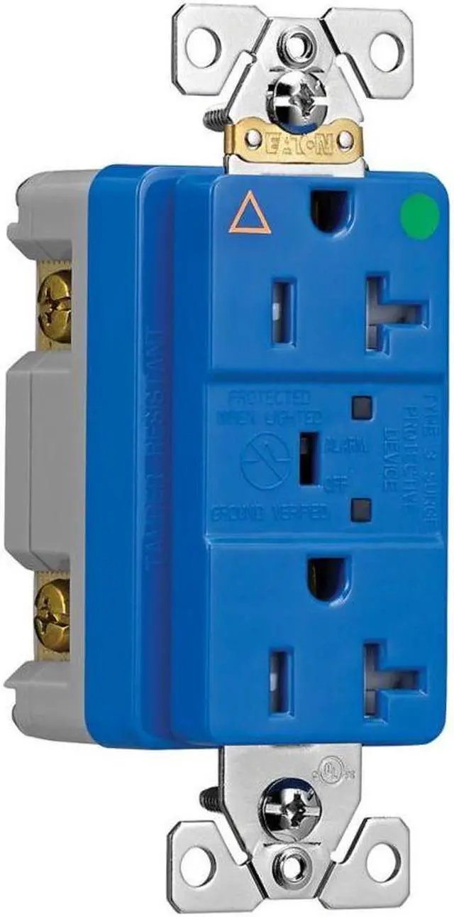 Alt view image 2 of 2 - Eaton Wiring 20 Amp TVSS Surge Protection Receptacle w/Alarm & LED Indicators, Hospital Grade, Blue