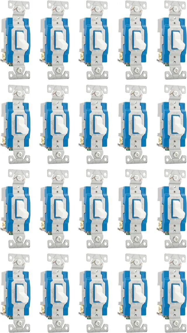 Main image of (case of 20) Eaton construction grade toggle switch, #14-10 AWG, 15A, Wall, 120/277V, Back and side, Screw, White, Three-Way, Polycarbonate