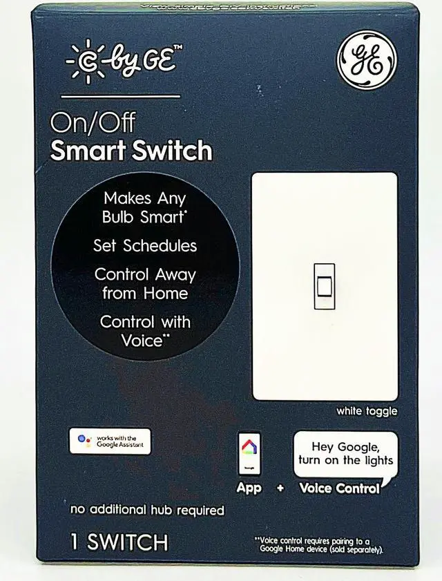 Main image of GE Smart Light Switch, Toggle Style, Neutral Wire Required, 2.4GHz 4-wire Wi-Fi Switch, Works with Google Assistant, White (1 pack)