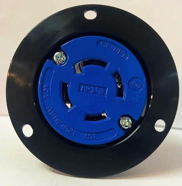 Main image of Eaton Arrow Hart AHCL1830FO Color Coded Locking Flanged Outlet, BLUE, 30 Amp, 4-pole, 4-wire, 3-phase, 120V-208V, All Nylon