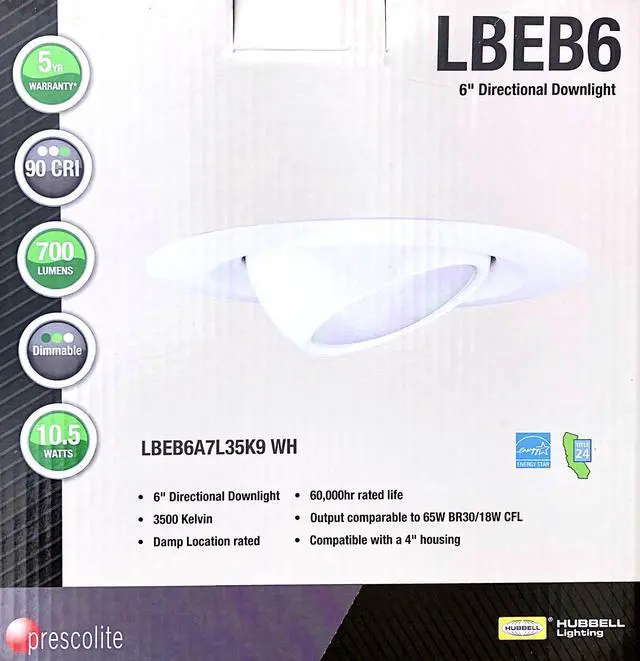 Alt view image 2 of 4 - Hubbell LBEB6A7L35K9 WH PRESCOLITE LED Recessed Can Retrofit Kit with 5 6 Inch Recessed Housing, 3500K, Directional LED Downlight