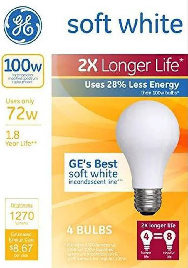 Main image of (8 bulbs) GE Incandescent A19 Halogen Broad Spectrum Light Bulb, Soft White, 100 watt equivalent, 1270 lumens, 2x longer, GE's best incandescent Soft White Light Bulb
