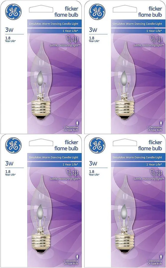 Main image of (case of 4 ) GE Flicker-Flame Light Bulb, pleasing reassuring dancing candlelight, Decorative Flicker Flame Light Bulb, Medium Base, bent tip, crystal clear, classic 3 watt bulb