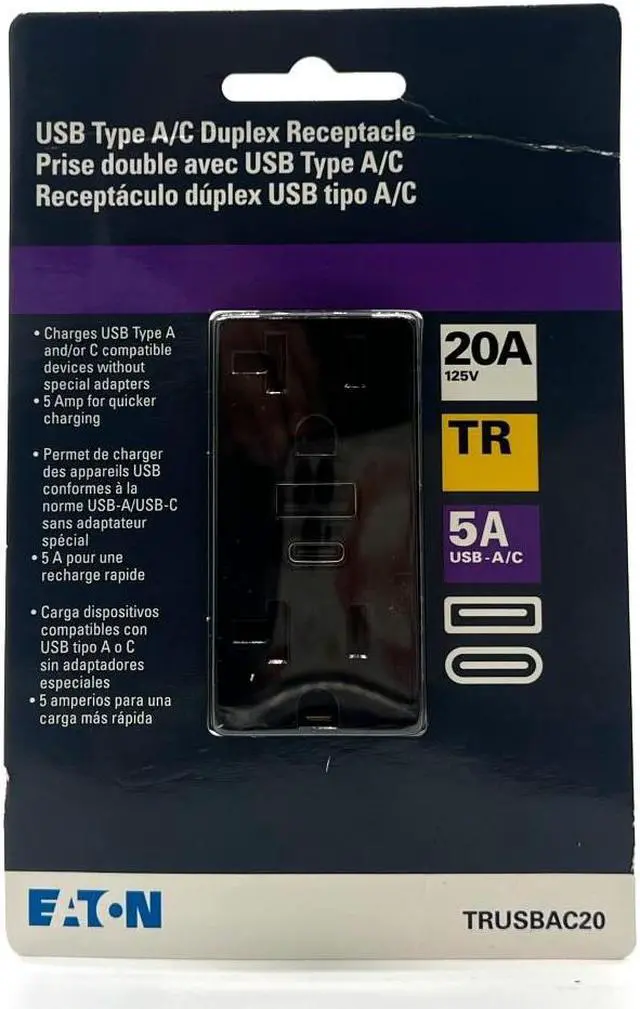 Alt view image 2 of 2 - (case of 4) Eaton TRUSBAC20BK USB A&C duplex 20 Amp receptacle, charges USB type A and/or Type C wihtout adapters, 5 Amp charging, 20A receptacle, Tamper Resistant, Black