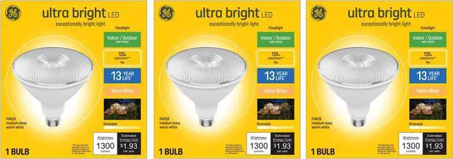 Main image of (case of 3) GE ultra bright LED PAR38, 16 watts, 1300 lumens, Dimmable, Indoor and Outdoor rated, Warm White 3000K, Medium base, UltraBright LED Light Bulb