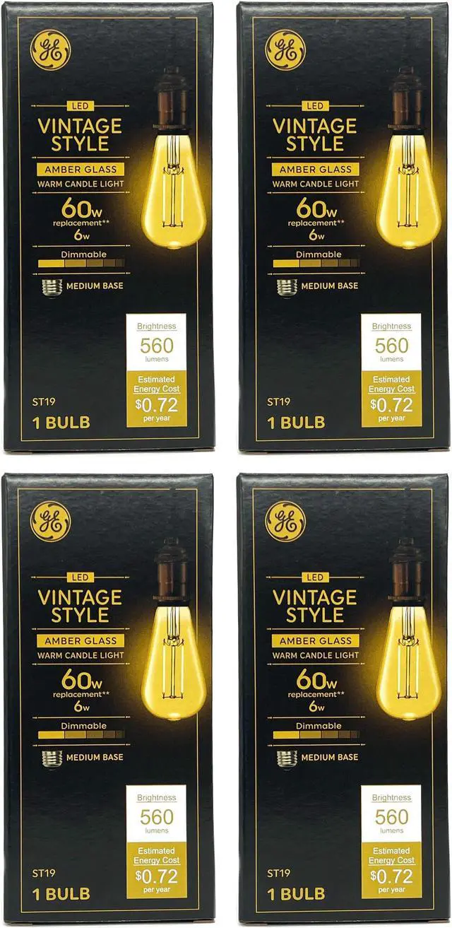 Main image of (4 bulbs) GE Vintage LED ST19, Amber Glass, 6 watts, 560 lumens, Dimmable, Medium base, Vintage Style LED Light Bulb