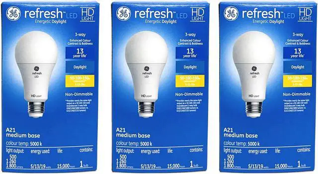 Main image of (case of 3) GE refresh LED 3 way A21, Energetic Daylight, 5,13,19 watt, 500,1260,1800 lumens, 3-way LED Light Bulb, Medium base, HD Light