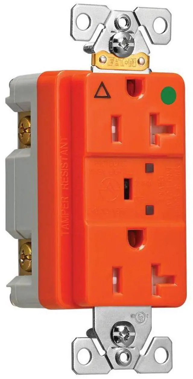 Alt view image 2 of 2 - (case of 4) Eaton TRIG8362RNS 20 Amp TVSS Surge Protection Duplex Receptacle w/Alarm and LED Indicators, Hospital Grade, Tamper Resistant, Orange, LED verify surge protection & ground, 125V.
